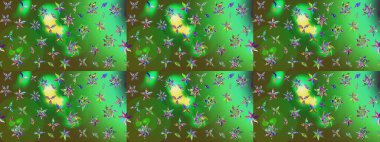 Renkli desenli eskiz deseni, yeşil çiçekler ve dekoratif elementlerle. Raster illüstrasyonu. Eski usul. Eskiz geçmişi. Kumaş, tekstil ve duvar kağıdı baskısı için..