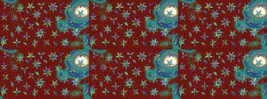 Kırmızı renkte etnik çiçeklerle süslenmiş zarif bir eskiz şekli. Raster Çiçek İllüstrasyon Şirin Tekstil.