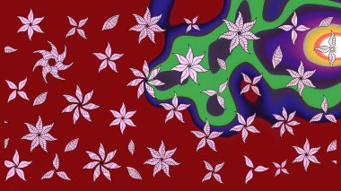 Raster illüstrasyonu. Şirin çiçekli eskiz deseni ve kırmızı renklerde yapraklar, suluboya çiçek deseni, duvar kağıdı, kart veya kumaş için fayanslı.