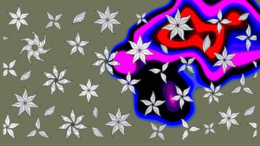 Renkli desenli eskiz deseni, yeşil çiçekler ve dekoratif elementlerle. Eskiz geçmişi. Raster illüstrasyonu. Kumaş, tekstil, duvar kağıdı baskısı için. Antika retro tarzı.