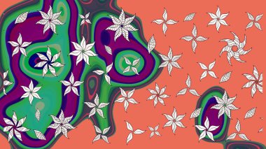 Renkli çiçekleri ve turuncu yaprakları olan harika bir çiçek deseni. Moda baskıları için zarif bir şablon. Modern çiçek arkaplanı. Halk stili.