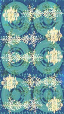 Kış kar taneleri, raster arka plan. Yüzey için tekrarlanan doku, ambalaj kağıdı, mavi, bej ve yeşil renkler üzerine kar tanesi.