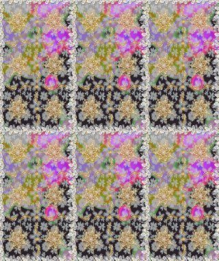 Gri renkli ve altın elementli altın eskiz deseni. Raster illüstrasyonu. Tekrarlayan elementlerle soyut arkaplan oluşturun. Sketch damask klasik altın desen.