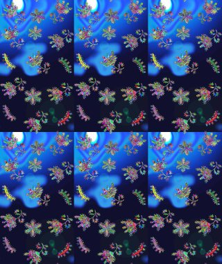 Küçük gri, mavi ve yeşil çiçeklerle oldukça eski bir besin torbası deseni. Tekstil, kumaş, kapaklar, duvar kağıtları, baskı, paket, koleksiyon defteri, örgü, dekupaj için çiçek arkaplanı..