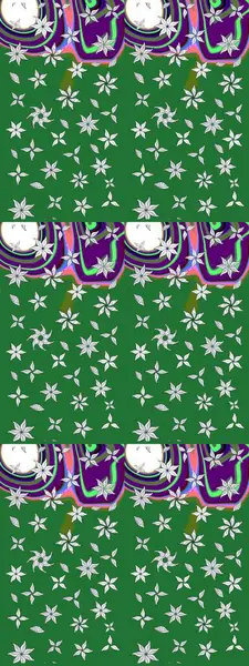 Renkli desenli eskiz deseni, yeşil çiçekler ve dekoratif elementlerle. Eskiz geçmişi. Raster illüstrasyonu. Kumaş, tekstil, duvar kağıdı baskısı için. Antika retro tarzı.