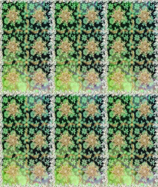 Sembol bayramı, yeni yıl kutlamaları, altın desenler. Yeşil renkli altın kar taneleri. Noel Altın Kar Tanesi eskiz modeli. Kış kar dokusu duvar kağıdı.