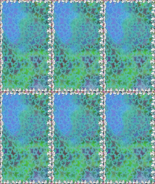 Kağıt, kumaş ve ambalaj için uygun. Raster çiçek desenli kelebek deseni. Mavi renkli illüstrasyon.