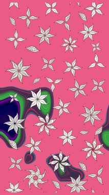 Eskiz geçmişi. Eski usul. Renkli desenli eskiz deseni, pembe çiçekler ve dekoratif elementlerle. Raster illüstrasyonu. Kumaş, tekstil ve duvar kağıdı baskısı için..