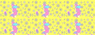 Suluboya elle çizilmiş çiçek desenli eskiz deseni. Parlak renkli fantezi çiçekleri, yapraklar, sarı renkli tomurcuklar.