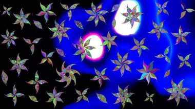 Raster illüstrasyonu. Şirin çiçekli eskiz deseni ve mavi renkli yapraklar, suluboya çiçek deseni, duvar kağıdı, kart veya kumaş için fayanslı.