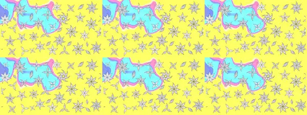 Çiçek desenli çizim. Raster illüstrasyonu. Asya tekstil tarzında. Sarı renkli çiçekler. Raster illüstrasyonu.