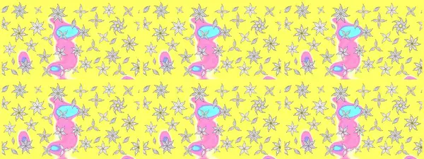 Suluboya elle çizilmiş çiçek desenli eskiz deseni. Parlak renkli fantezi çiçekleri, yapraklar, sarı renkli tomurcuklar.