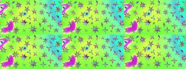 Yeşil renkli çiçekler. Hediye ambalaj kağıdı, tebrik kartları, posterler ve pankart tasarımı. Raster düz çiçek çizim deseni.