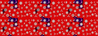 Oldukça eski bir besin torbası deseni, küçük kırmızı renkte, çiçekler. Millefleur 'lar. Tekstil, kumaş, kapaklar, duvar kağıtları, baskı, paket, koleksiyon defteri, örgü, dekupaj için çiçek arkaplanı..