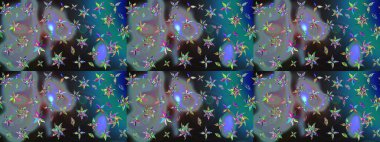 Çiçek buketleriyle klasik bir eskiz şekli. Mavi renklerde. Raster illüstrasyonu.