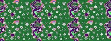 Çiçek desenli çizim. Raster illüstrasyonu. Asya tekstil tarzında. Yeşil renkli çiçekler. Raster illüstrasyonu.