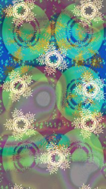 Raster illüstrasyonu. Noel ve yeni yıl moda baskıları için tatil tasarımı. Tarafsız, yeşil ve mavi kar taneleri. Kar tanelerinin soyut arkaplanlı Noel şablonu. Renkler.