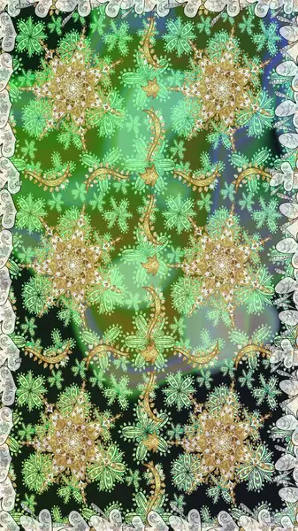 Kusursuz raster arka plan. Duvar kâğıdı barok, İspanyol kumaşı. Yeşil renkte altın elementler. Şık bir grafik desen. Çiçek deseni.