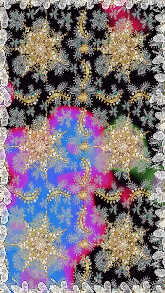 Süslü dekorasyon. Damask altın soyut çiçek gri renklerde pürüzsüz desen. Raster illüstrasyonu.