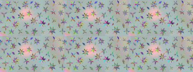 Moda baskıları için zarif bir şablon. Motley illüstrasyonu. Robot resim. Küçük çiçekte güzel bir desen. Küçük renkli çiçekler. Çiçekli bahar çiçekleri.