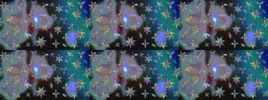 Çiçek buketleriyle klasik bir eskiz şekli. Mavi renklerde. Raster illüstrasyonu.