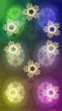 Kar tanelerinin soyut arkaplanlı Noel şablonu. Raster illüstrasyonu. Noel ve yeni yıl moda baskıları için tatil tasarımı. Yeşil, nötr ve mor kar taneleri.