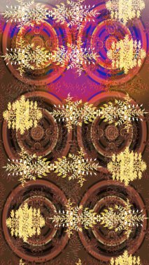 Kar taneleri tasarımı. Modern tasarım posteri, kapak, kahverengi, sarı ve mor renkli kart tasarımı. Son moda kar taneleri ve elementler onun kartlarını gösteriyor. Retro biçim dokusu, şablon kış elementleri.