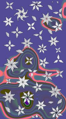 Raster illüstrasyonu. Şirin çiçekli eskiz deseni ve mor renkli yapraklar, suluboya çiçek deseni, duvar kağıdı, kart veya kumaş için fayanslı.