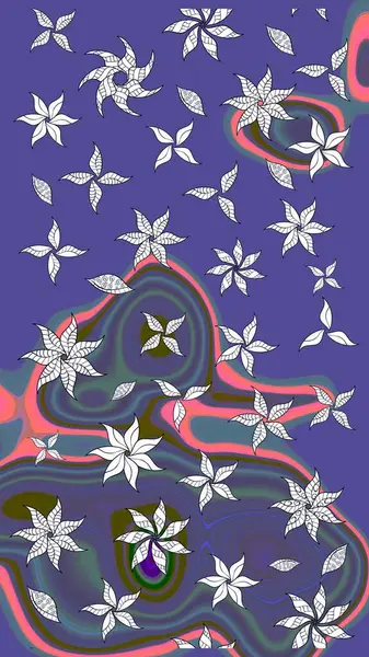 Raster illüstrasyonu. Şirin çiçekli eskiz deseni ve mor renkli yapraklar, suluboya çiçek deseni, duvar kağıdı, kart veya kumaş için fayanslı.