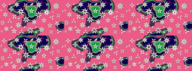 Parlak renkli çiçekleri ve pembe renkli yaprakları olan harika bir çiçek deseni. Moda baskıları için zarif bir şablon. Modern çiçek arkaplanı. Halk stili.