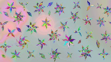 Çiçek ve yapraklı karalama şeklinde Raster çiçek deseni. Raster illüstrasyonu. Gri renkte bahar çiçekleri..