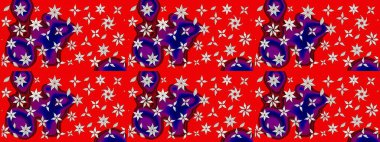 Raster illüstrasyonu. Renkli desenli eskiz deseni, kırmızı çiçekler ve dekoratif elementlerle. Kumaş, tekstil, duvar kağıdı baskısı için. Eskiz geçmişi. Antika retro tarzı.