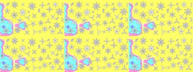 Raster çiçek desenli çiçek deseni, yapraklar, dekoratif elementler, sıçrama, lekeler, el çizimi kontur çizgileri ve Doodle çizim stili, grafik raster çizim çizimi.