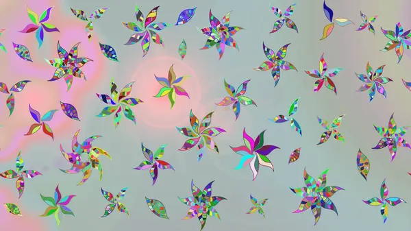 Çiçek ve yapraklı karalama şeklinde Raster çiçek deseni. Raster illüstrasyonu. Gri renkte bahar çiçekleri..