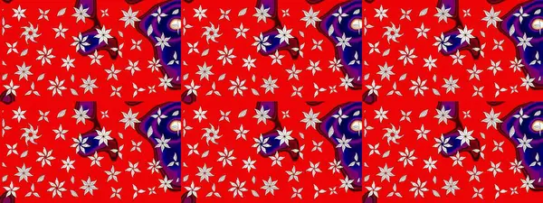 Raster illüstrasyonu. Kırmızı renklerde. Çiçek buketleriyle klasik tarzda eskiz deseni.