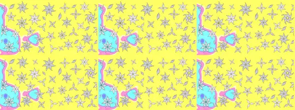 Raster çiçek desenli çiçek deseni, yapraklar, dekoratif elementler, sıçrama, lekeler, el çizimi kontur çizgileri ve Doodle çizim stili, grafik raster çizim çizimi.