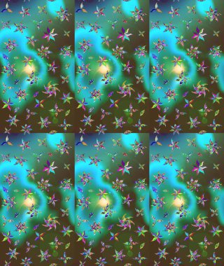 Çocuksu tasarım. Tekstil, kumaş, ambalaj, hatıra defteri için hoş bir çiçek arkaplanı. Elle çizilmiş çiçek desenli Raster çizimi. Yeşil arkaplanda.