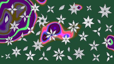 Raster illüstrasyonu. Yumuşak, yeşil renkli bahar çiçekleri. Yaprak ve çiçeklerin suluboya resmi, yeşil renkte çizim deseni.