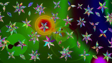 Moda baskıları için zarif bir şablon. Parlak renkli çiçekli ve yeşil yapraklı harika bir çiçek deseni. Halk tarzı. Modern çiçek arkaplanı.