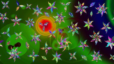 Raster deseni. Soyut çiçek çizim kalıbı arka planı. Küçük çiçekteki sevimli çiçek deseni. Yeşil renklerde. Raster illüstrasyonu.