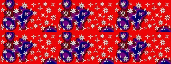 Raster illüstrasyonu. Renkli desenli eskiz deseni, kırmızı çiçekler ve dekoratif elementlerle. Kumaş, tekstil, duvar kağıdı baskısı için. Eskiz geçmişi. Antika retro tarzı.