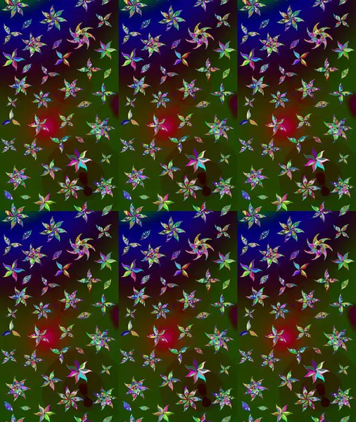 Küçük çiçekte güzel bir desen. Yeşil çiçekli bahar çiçekleri. Küçük renkli çiçekler. Moda baskıları için zarif bir şablon. Motley illüstrasyonu.