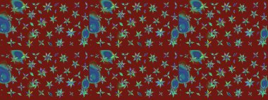 Şirin çiçekli eskiz deseni ve kırmızı renklerde yapraklar, suluboya çiçek deseni, duvar kağıdı, kart veya kumaş için fayanslı. Raster illüstrasyonu.