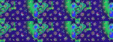 Mavi renklere karalamalar çizilmiş çiçek deseni. Raster illüstrasyonu.