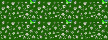 Yeşil renkli bitkilerden oluşan parlak çiçekli çizim deseni.