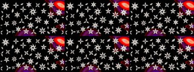 Varicoloblack Raster çizimi. Bir sürü siyah ve soyut çiçekli tropik eskiz deseni. Küçük çiçekte sevimli çiçek deseni var..