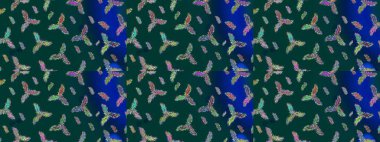 Bokeh mavisi, yeşil, menekşe ve kar taneleriyle dekoratif Noel arkaplanı. Raster illüstrasyonu.