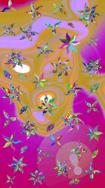 Suluboya elle çizilmiş çiçek desenli eskiz deseni. Parlak renkli fantezi çiçekleri, yapraklar, morumsu mor renkte tomurcuklar..