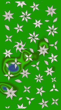 Çiçek desenli çizim. Raster illüstrasyonu. Asya tekstil tarzında. Yeşil renkli çiçekler. Renkli Bahar Teması eskiz kalıbı. Düz Çiçek Elementleri Tasarımı.