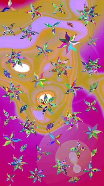 Suluboya elle çizilmiş çiçek desenli eskiz deseni. Parlak renkli fantezi çiçekleri, yapraklar, morumsu mor renkte tomurcuklar..